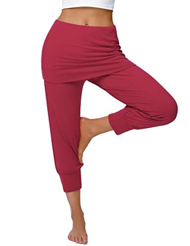 Terecey Yogahose Damen mit Rock 3/4 Caprihose Elegant Freizeithose Baumwolle Jogginghose Hohe Taille Pumphose Haremhose für Yoga Pilates Tanzen Joggen Weinrot XXL von Terecey