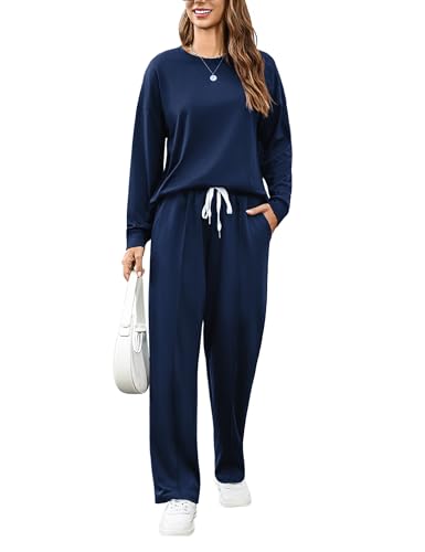 Terecey Hausanzug Damen Trainingsanzug Set Jogginganzug Sportanzug Anzug 2Teilig Freizeitanzug Rundhalsausschnitt Sweatshirt und Lange Sporthose Loungewear Marine L von Terecey