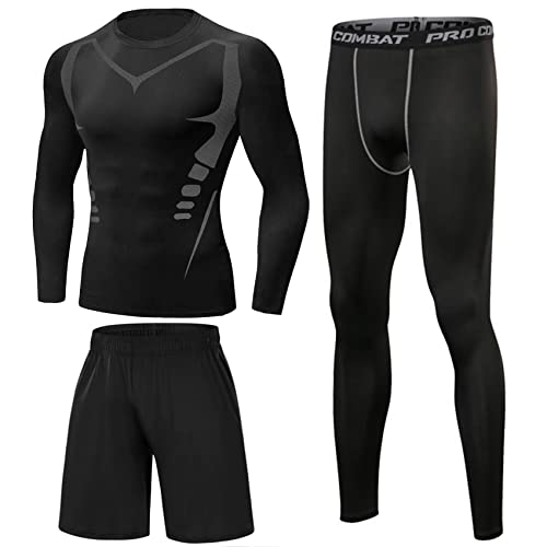 Terecey Kompressionsanzug Herren Set Kompressionsshirt Leggings Sportshorts 3pcs Set Fitness Bekleidung Kompression Sportbekleidung für Training Laufen Radfahren Gym von Terecey