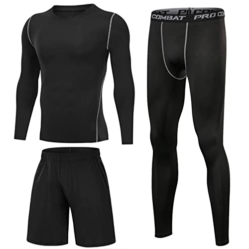 Terecey Kompressionsanzug Herren Set Kompressionsshirt Leggings Sportshorts 3pcs Set Fitness Bekleidung Kompression Sportbekleidung für Training Laufen Radfahren Gym Schwarz XXL von Terecey