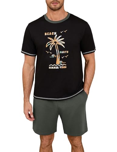 Terecey Herren Schlafanzüge Kurz Pyjama Baumwolle Sleepwear Set Shorty Sommer Zweiteilige Rundhals Oberteil mit Strand Drucken und Unifarbene Short mit Taschen, Schwarz L von Terecey