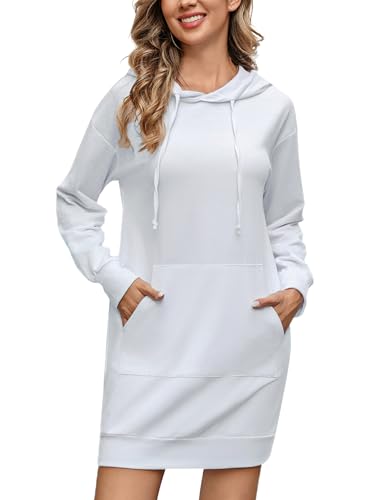 Terecey Damen Hoodie Langarm Sweatshirts mit Kapuzenpullover Lang Baumwolle Sweatkleider mit Kapuze Frauen Casual Minikleid von Terecey