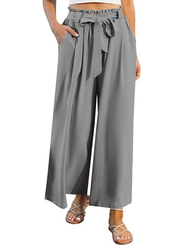 Terecey Weite Hose Damen Weites Bein Pants Palazzo Hose Damen Elegant Weit Hosen High Waist Freizeithose Lässig Leichte Hose mit Bindegürtel Dunkelgrau S von Terecey