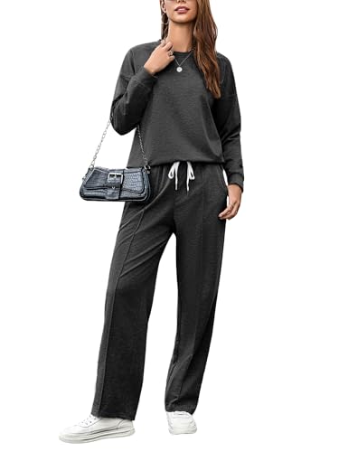 Terecey Jogginganzug Damen 2 Teiliges Lounge Set Trainingsanzug Frauen Kontrastfarbe Rundhalsausschnitt Sportanzug+ Weites Bein Jogginghose Fitnessanzug für Running Yoga Gym Dunkelgrau XL von Terecey