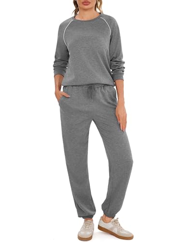 Terecey Jogginganzug Damen Damen Rundhals Jogginganzug Sweatshirt und Jogginghosen Zweiteiler Trainingsanzug Hausanzug Sport Set Loungewear Freizeitkleidung Sportswear Dunkelgrau XXL von Terecey