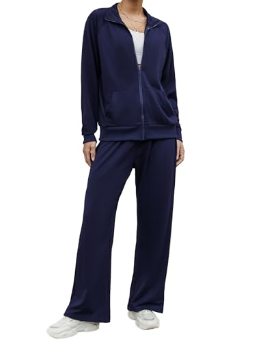 Terecey Jogginganzug Damen Langarm Trainingsanzug Freizeitanzug Set 2 Teilig Sportanzug Sportbekleidung Komfortables Zweiteiler Zipper Jacke und Kordelzug Sporthose Set für Fitness, Navy Blau XXL von Terecey