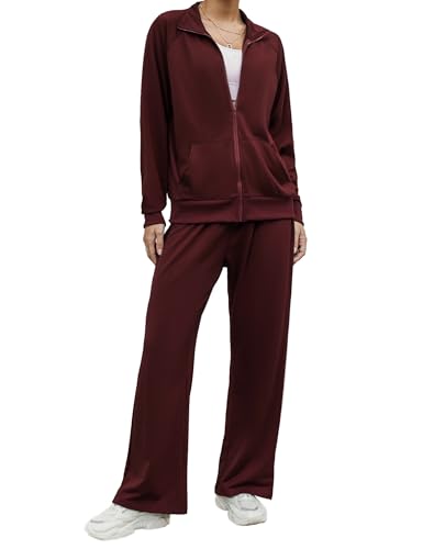 Terecey Jogginganzug Damen Langarm Trainingsanzug Freizeitanzug Set 2 Teilig Sportanzug Sportbekleidung Komfortables Zweiteiler Zipper Jacke und Kordelzug Sporthose Set für Sport Fitness, Weinrot S von Terecey