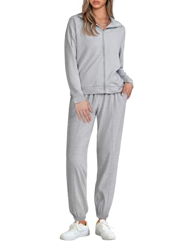 Terecey Jogginganzug Damen Langarm Trainingsanzug Lässig Zweiteiler Sportanzug Elegante Freizeitanzug Set mit Reißverschluss Sweatshirt und Kordelzug Lang Hose fur Herbst Winter, Grau XL von Terecey