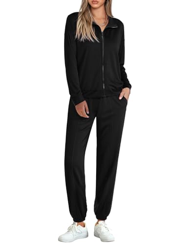 Terecey Jogginganzug Damen Langarm Trainingsanzug Lässig Zweiteiler Sportanzug Elegante Freizeitanzug Set mit Reißverschluss Sweatshirt und Kordelzug Lang Hose fur Herbst Winter, Schwarz S von Terecey