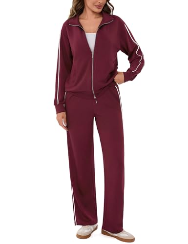 Terecey Jogginganzug Damen Set 2 Teiliges Lounge Trainingsanzug Frauen Streifen Sportanzug Fitnessanzug mit Taschen Herbst Langarm Reißverschluss Outfits Sets Tracksuit Freizeitanzug Weinrot S von Terecey