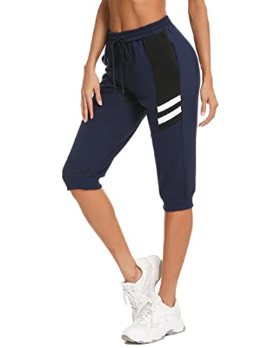 Terecey Jogginghose Damen 3/4 Baumwolle Sommer Kurze Sport Hosen Trainingshose Knielange mit Taschen Caprihose Dreiviertel Freizeithose Sweathose für Jogger Frauen, Navy Blau XL von Terecey