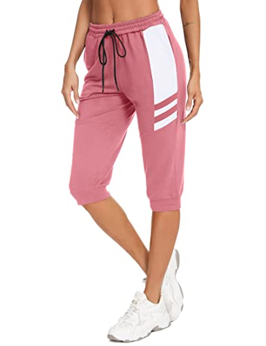 Terecey Jogginghose Damen 3/4 Baumwolle Sommer Kurze Sport Hosen Trainingshose Knielange mit Taschen Caprihose Dreiviertel Freizeithose Sweathose für Jogger Frauen, Rosa XXL von Terecey