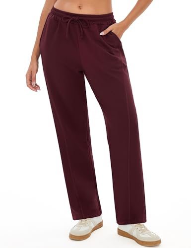 Terecey Jogginghose Damen Baumwolle Sporthose Lang Freizeithose Yogahose Baggy Weites Bein Trainingshoseg Relaxhose mit Taschen und Kordelzug Gerades Bein Hosen fur Yoga Fitness, Rotwein L von Terecey