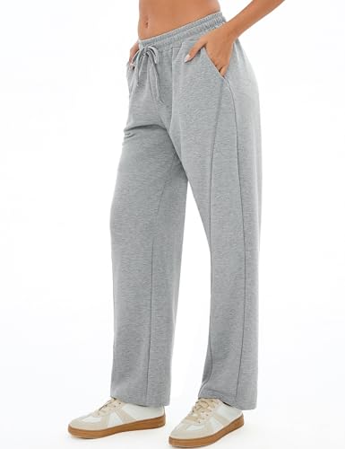 Terecey Jogginghose Damen Baumwolle Sporthose Lang Freizeithose Yogahose Baggy Weites Bein Trainingshoseg Relaxhose mit Taschen und Kordelzug Gerades Bein Hosen fur Yoga Sport Fitness, Grau XL von Terecey