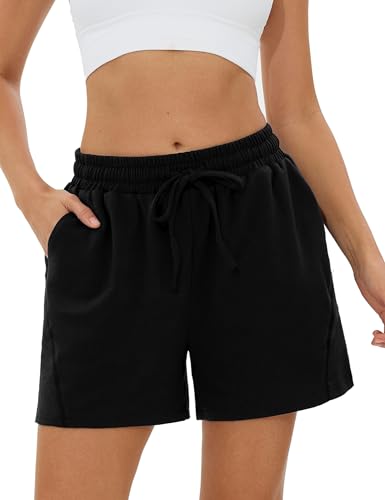 Terecey Jogginghose Damen Kurze Sporthose High Waist Baumwolle Sport Shorts Lockere Casual Freizeithose Kurze Sommer Running Shorts mit Taschen Weich Kurze Hosen fur Yoga Fitness Freizeit, Schwarz S von Terecey
