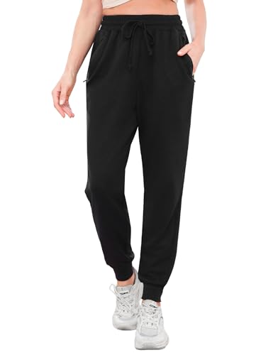 Terecey Jogginghose Damen Lang Sporthose Trainingshose Sommer Fitness Yoga Hose Baumwolle High Waist Freizeithose Laufhosen Frauen Slim Sweatpants, Schwarz L von Terecey
