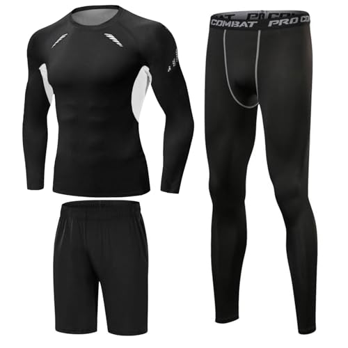 Terecey Kompressionsanzug Herren Set Kompressionsshirt Leggings Sportshorts 3pcs Set Fitness Bekleidung Kompression Sportbekleidung für Training Laufen Radfahren Gym von Terecey