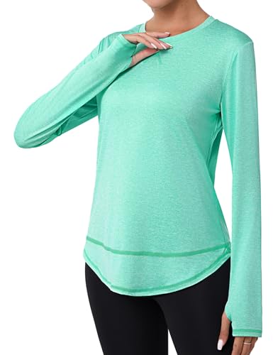 Terecey Langarmshirt Damen Atmungsaktive UV Schutz T-Shirt Locker UPF 50+ Sonnenschutz Sportshirt Laufshirt Lässig Funktionsshirt Trainingsshirt mit Rundhals und Daumenloch, Grün XXL von Terecey