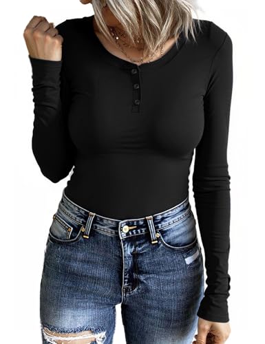 Terecey Langarmshirt Damen Baumwolle Rundhals Leicht V-Ausschnitt Longsleeve T-Shirt Langarm Freizeit Oberteil Elegantes Stretchbar Henley Shirt Basic Tops Herbst Tunika Schwarz M von Terecey