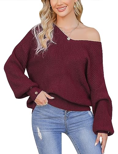 Terecey Pullover Damen Winter Elegant Strickpullover Damen Oversize mit Puffärmeln V Ausschnitt Casual Pulli Strick Langarm Sweater Women Klassischer Mode Rot M von Terecey