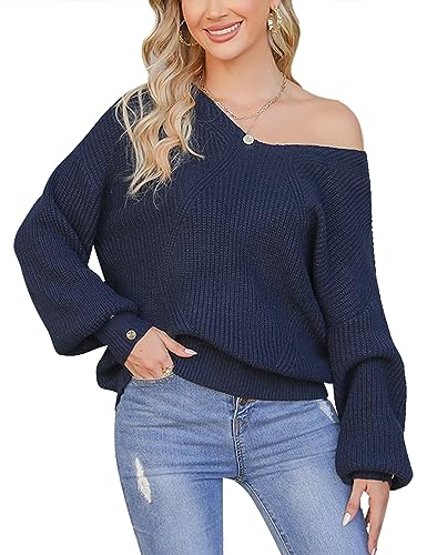 Terecey Pullover Damen Winter Elegant Strickpullover Damen Oversize mit Puffärmeln V Ausschnitt Casual Pulli Strick Langarm Sweater Women Klassischer Mode Navy Blau L von Terecey