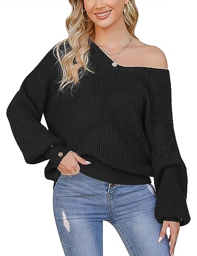 Terecey Pullover Damen Winter Elegant Strickpullover Damen Oversize mit Puffärmeln V Ausschnitt Casual Pulli Strick Langarm Sweater Women Klassischer Mode Schwarz L von Terecey