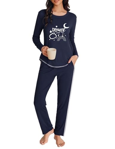 Terecey Pyjama Damen Lang Schlafanzüge Set Rundhals Drucken Oberteile und Elastischer Bund Pyjamahose mit Taschen Baumwolle Loungewear Langärmlig Frauen fur Herbst und Winter, Blau L von Terecey
