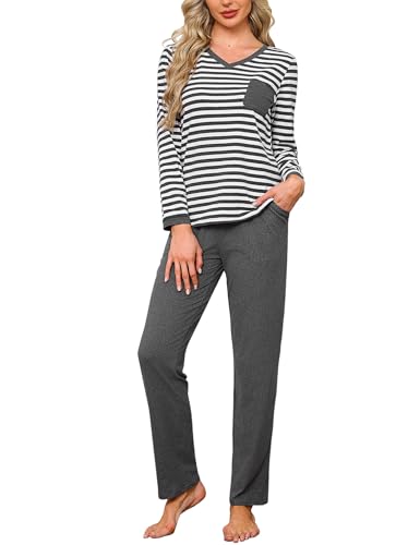Terecey Pyjama Damen Lang V-Ausschnitt Schlafanzug Set Baumwolle Loungewear Zweiteiliger Soft Nachtwäsche Gestreift Sleepwear Langarm Hausanzug Frauen Winter Schlafanzüge, Dunkelgrau S von Terecey