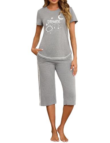 Terecey Pyjama Damen Schlafanzüge Kurzarm Sleepwear Schlafhose Set Frauen Kurz Loungewear Zweiteiliger Oberteile und 3/4 Capri Hose, Grau L von Terecey