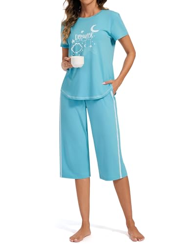 Terecey Pyjama Damen Schlafanzüge Kurzarm Sleepwear Schlafhose Set Frauen Kurz Loungewear Zweiteiliger Oberteile und 3/4 Capri Hose, Saphirblau L von Terecey