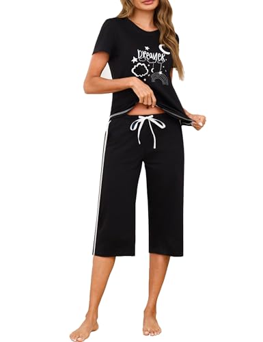 Terecey Pyjama Damen Schlafanzüge Kurzarm Sleepwear Schlafhose Set Frauen Kurz Loungewear Zweiteiliger Oberteile und 3/4 Capri Hose, Schwarz XXL von Terecey