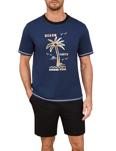 Terecey Pyjama Set Herren Kurz Baumwolle Schlafanzug Weich Zweiteilige Nightwear Kurzarm und Pyjamahose mit Tasche, Marine Blau L von Terecey