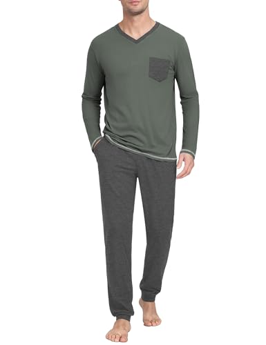 Terecey Pyjama Set Herren Lang Baumwolle Schlafanzüge Weich Zweiteilige Hausanzug V-Ausschnitt Nightwear Langarm und Schlafanzughose mit Taschen, Dunkelgrau M von Terecey