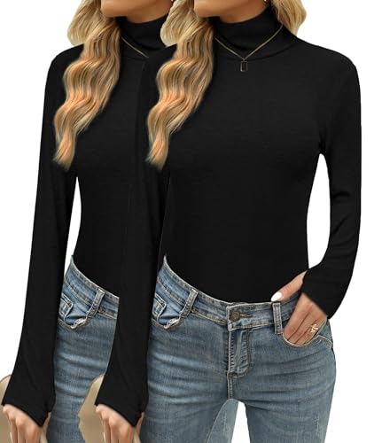 Terecey Rollkragen Langarm-T-Shirt Damen Basic Stehkragen Thermooberteile Baumwolle Sweatshirts Slim Fit Pullover Thermounterhemd Warm Turtleneck Unterwäsche mit Daumenloch, Schwarz+Schwarz L von Terecey