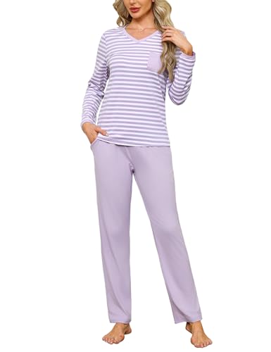 Terecey Schlafanzüge Damen Lang Baumwolle V-Ausschnitt Pyjama Set Gestreift Nachtwäsche Langarm Herbst Zweiteiliger Freizeitanzug Elastischer Bund Pyjamahose mit Taschen, Lila S von Terecey