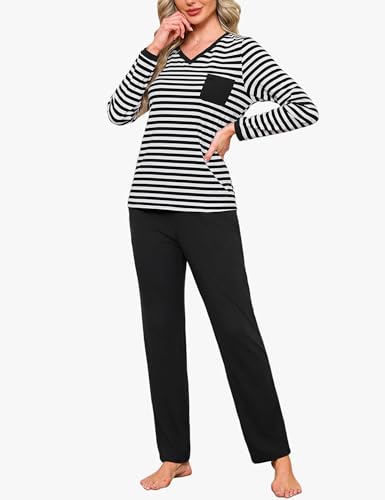 Terecey Schlafanzüge Damen Lang Baumwolle V-Ausschnitt Pyjama Set Gestreift Nachtwäsche Langarm Herbst Zweiteiliger Freizeitanzug Elastischer Bund Pyjamahose mit Taschen, Schwarz L von Terecey