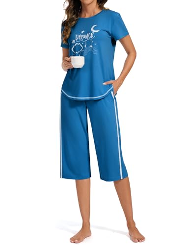 Terecey Schlafanzug Damen Kurzarm Pyjama Set Baumwolle Nachtwäsche Pyjamahose Rundhalsausschnitt Drucken Sleepwear 3/4 Lang Schlafhose Sommer Hausanzug Freizeitanzug, Azurblau XXL von Terecey