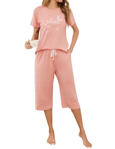 Terecey Schlafanzug Damen Kurzarm Pyjama Set Baumwolle Nachtwäsche Pyjamahose Rundhalsausschnitt Drucken Sleepwear 3/4 Lang Schlafhose Sommer Hausanzug Freizeitanzug, Rosa S von Terecey