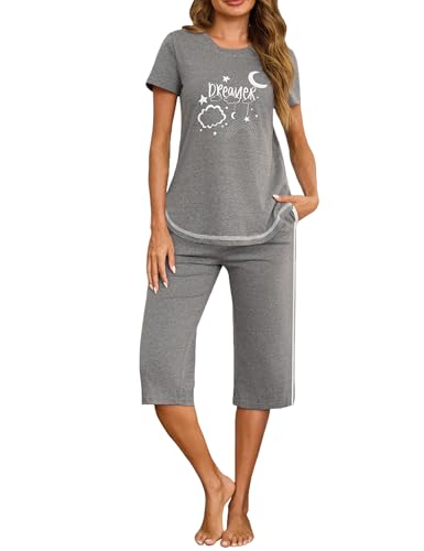 Terecey Schlafanzug Damen Kurzarm Pyjama Set Baumwolle Nachtwäsche Pyjamahose Rundhalsausschnitt Drucken Sleepwear 3/4 Lang Schlafhose Sommer Hausanzug Freizeitanzug, Schiefer Grau XXL von Terecey