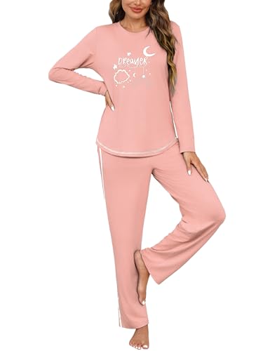 Terecey Schlafanzug Damen Lang Pyjama Weich Baumwolle Zweiteiliger Sleepwear Frauen Casual Nachtwäsche Langarm Hausanzug Freizeitanzug Set fur Herbst und Winter, Rosa L von Terecey