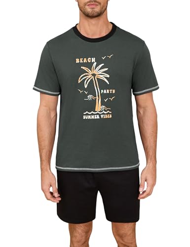 Terecey Schlafanzug Herren Kurz Pyjama Set Baumwolle Sommer Nachtwäsche Zweiteilige mit Drucken Rundhals T-Shirt und Elastischer Bund Schlafanzughose fur Männer, Dunkel Grau L von Terecey