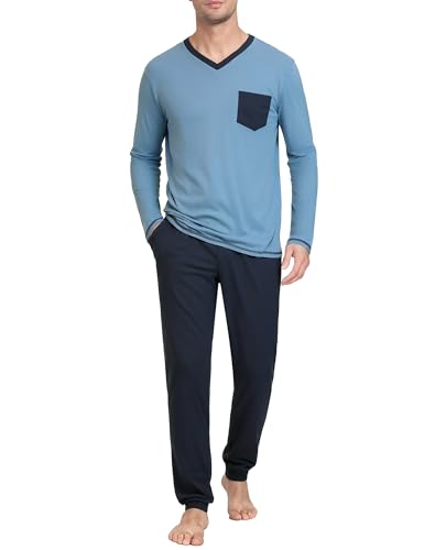 Terecey Schlafanzug Herren Lang Pyjama Set Winter Bequemes V-Ausschnitt Nachtwäsche mit Brusttasche und Pyjamahose mit Kordelzug Weiches Atmungsaktives Hausanzug für Männer, Blau S von Terecey