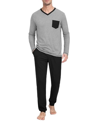 Terecey Schlafanzug Herren Lang Pyjama Set Winter Bequemes V-Ausschnitt Nachtwäsche mit Brusttasche und Pyjamahose mit Kordelzug Weiches Atmungsaktives Hausanzug für Männer, Grau L von Terecey