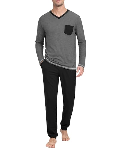 Terecey Schlafanzug Herren Lang Pyjama Set Winter Bequemes V-Ausschnitt Nachtwäsche mit Brusttasche und Pyjamahose mit Kordelzug Weiches Atmungsaktives Hausanzug für Männer, Rauchgrau XXL von Terecey