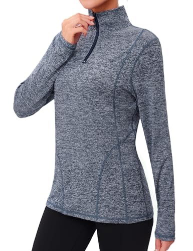 Terecey Sport Langarmshirt Damen Schnelltrocknend Sportshirt Langarm 1/4 Reißverschluss Trainingsshirt Sonnenschutz UPF 50+ Funktionsshirt Atmungsaktiv UV Shirt fur Running Wander, Denim Blau M von Terecey