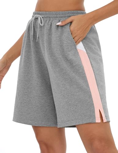 Terecey Sport Shorts Damen Kurze Jogginghose Lockere Streifen Freizeitshorts Sommer Sporthose High Waist Bermuda Kurze Hose mit Taschen und Kordelzug fur Fitnessstudio Running Yoga, Grau XXL von Terecey