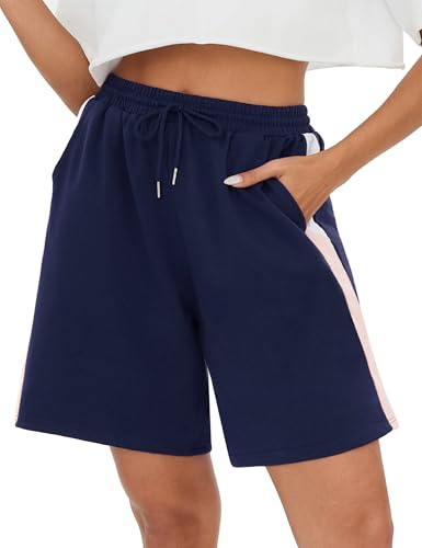 Terecey Sport Shorts Damen Kurze Jogginghose Lockere Streifen Freizeitshorts Sommer Sporthose High Waist Bermuda Kurze Hose mit Taschen und Kordelzug fur Fitnessstudio Running Yoga, Navy Blau S von Terecey