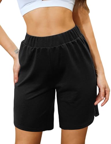 Terecey Sport Shorts Damen Kurze Jogginghose Sommer Baumwolle Freizeitshorts Lockere Sporthose High Waist Bermuda Kurze Hose fur Fitnessstudio Running Yoga, Tinte Schwarz L von Terecey