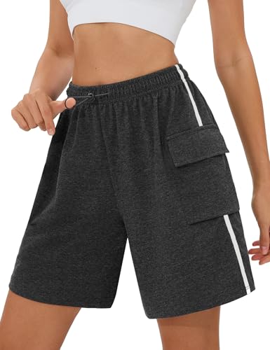 Terecey Sport Shorts Damen Lockere Casual Kurz Hosen Jogginghose Weich Streifen High Waist Freizeithose Trainingshose mit Taschen Elastischer Bund fur Running Yoga Fitness S-XXL von Terecey