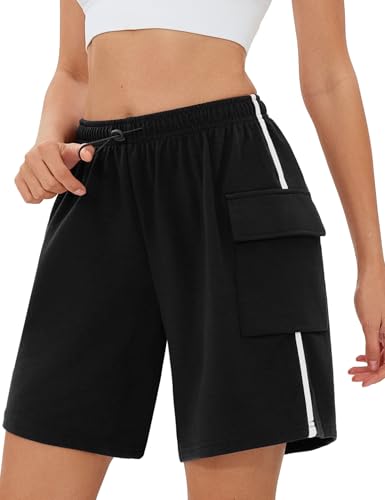 Terecey Sport Shorts Damen Lockere Casual Kurz Hosen Jogginghose Weich Streifen High Waist Freizeithose Trainingshose mit Taschen Elastischer Bund fur Running Yoga Fitness S-XXL von Terecey